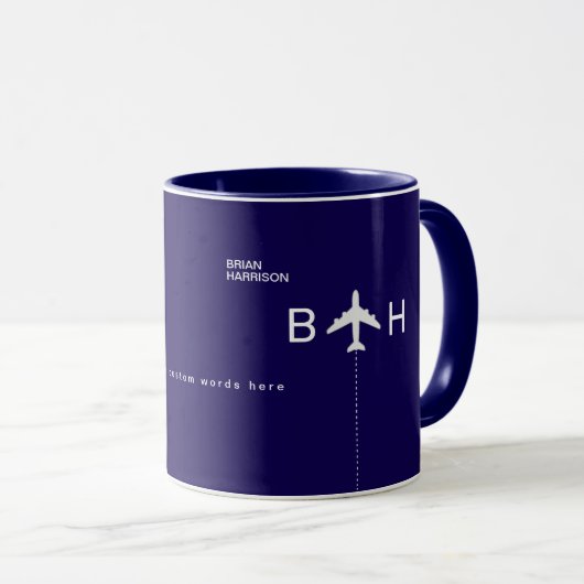 Mug Musique combo bleu moderne avec monogramme d'avion (Devant droit)