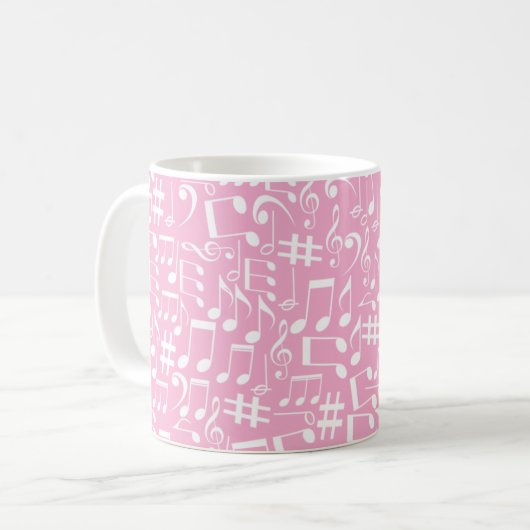 Mug Musique Danse Notes Blanches Rose Pâle (Devant gauche)