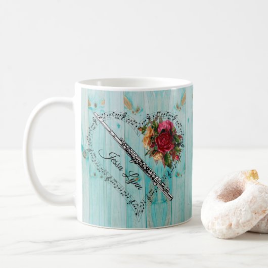 Mug Musique de flûte Note Hart Bleu Bois Fleurs (Avec donut)