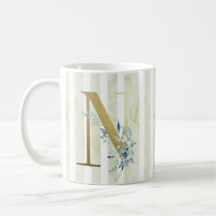 Mug N initial doré sur bandes bleu et blanc