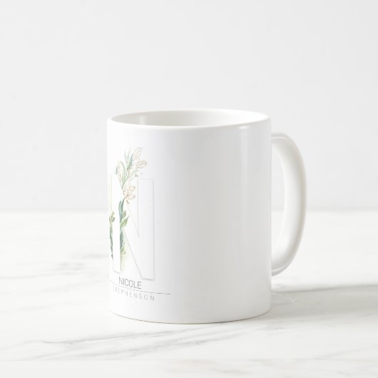 Mug N Monogramme Gold Green Feuilles Nom élégant (Devant droit)