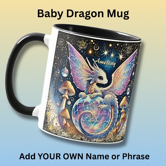 Mug Name, Pastel Baby Dragon Pink Blue on Dark