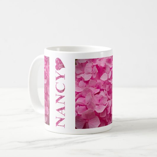 Mug "Nancy" Hydrangée rose Lettres florales & Coeur mi (Devant gauche)