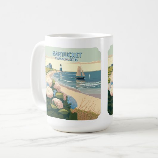 Mug Nantucket Beach Hydrangeas Lighthouse Rétro (Devant gauche)
