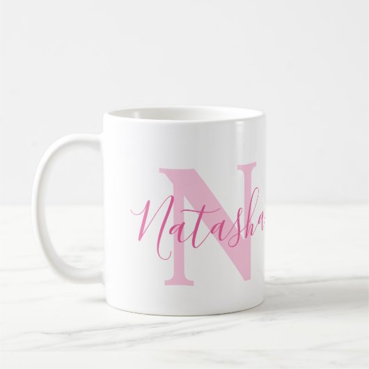 Mug Natasha name meaning and monogram pink text (Gauche)