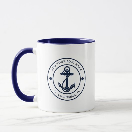 Mug Nautical Anchor Boat Name Navy Blue Custom (Gauche)