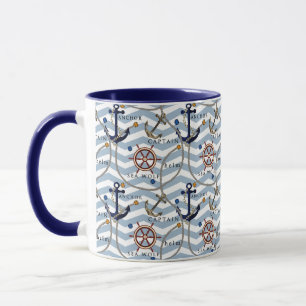 Mug Nautical anchor rudder blue white stripe zigzag
