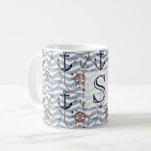 Mug Nautical anchor rudder blue white stripe zigzag (Devant gauche)