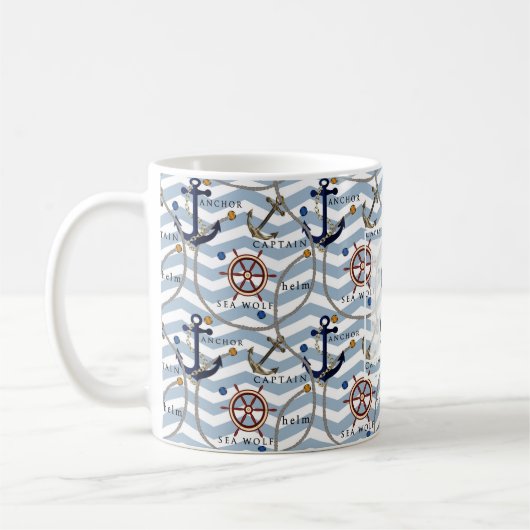 Mug Nautical anchor rudder blue white stripe zigzag (Gauche)