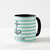 Mug Nautique,Ancre,Rayes Vert Menthe (Devant droit)