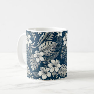 Mug Navy Blue Hibiscus Monstera Tropical Botanical
