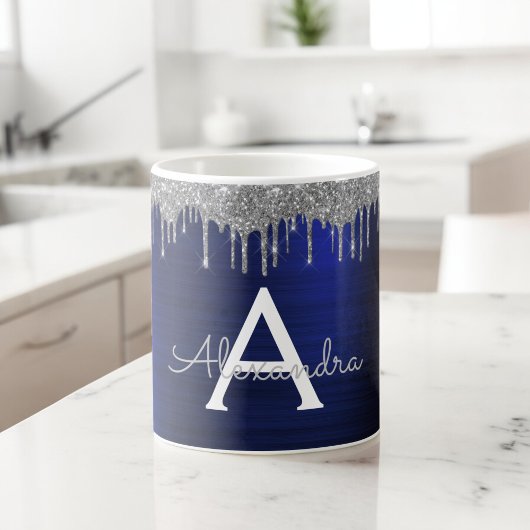 Mug Navy Blue Paillettes Étincelles Monogramme Nom