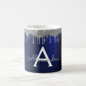 Mug Navy Blue Paillettes Étincelles Monogramme Nom (Centre)
