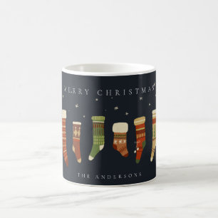 MUG NAVY PASTEL RED GREEN STAR CHIRSTMAS STOCKINGS