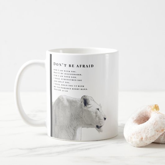 Mug N'ayez pas peur Bible Verse Art Lion (Avec donut)