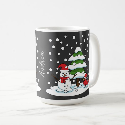 Mug Neige sur Cardinal, Snowman et Pine Tree | Ajouter (Devant droit)