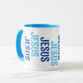 Mug Neuf Jésus bleu et blanc Musique (Devant gauche)