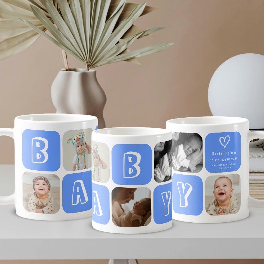 Mug Newborn Baby Boy 5 photo collage keepsake Blue