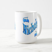 Mug Nicholas Nom Avec Camions de Pompiers, (Devant droit)