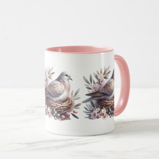 Mug Nid de colombe rousse avec fleurs et branches d'ol (Devant droit)