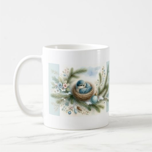 Mug Nid d'oiseau bleu avec des ornements dans les pins (Gauche)