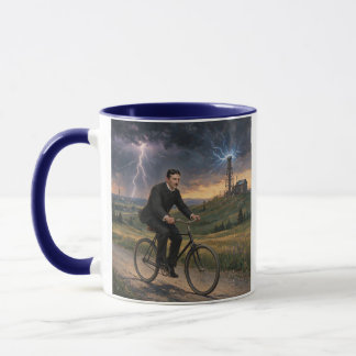 Mug Nikola Tesla se rendant à vélo à son laboratoire v