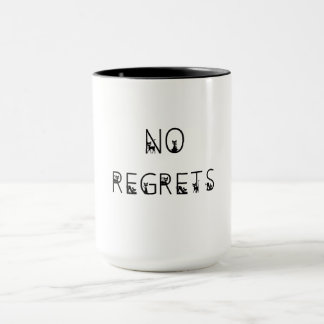Mug No Regrets noir chats police mots empilés