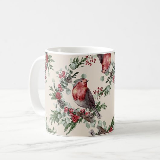 Mug Noël Aquarelle Robin Oiseaux Motif (Devant gauche)