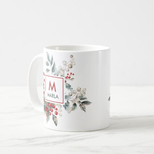 Mug Noël Berries rouges Monogramme vert (Devant gauche)