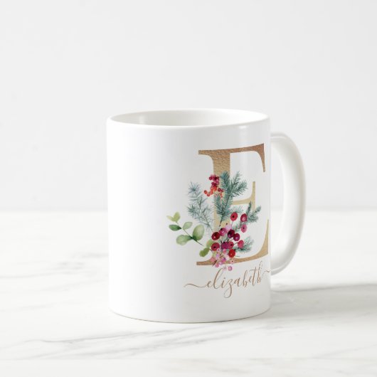 Mug Noël Berries rouges Verdure or Monogramme E (Devant droit)