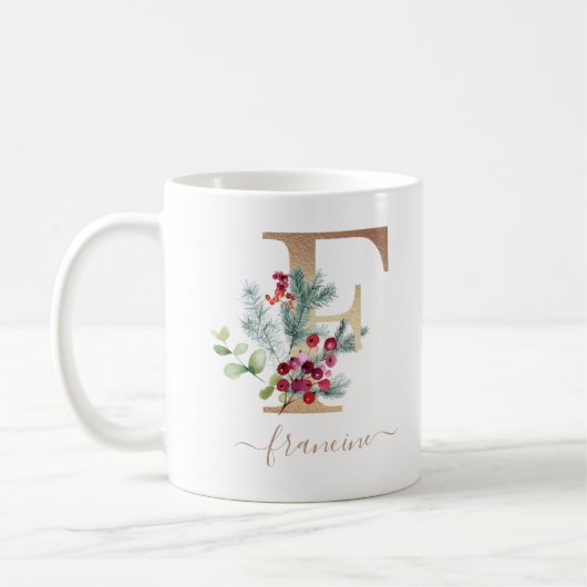 Mug Noël Berries rouges Verdure or Monogramme F (Gauche)