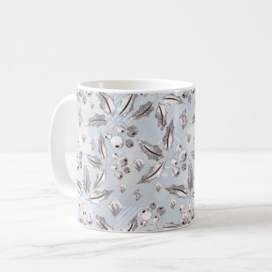 Mug Noël, brindilles argentées, blanc, flocons de neig (Devant gauche)