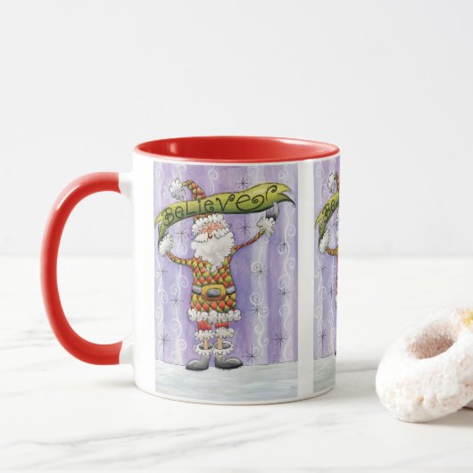 Mug Noël Caricature mignonne, je crois en Père Noël (Avec donut)