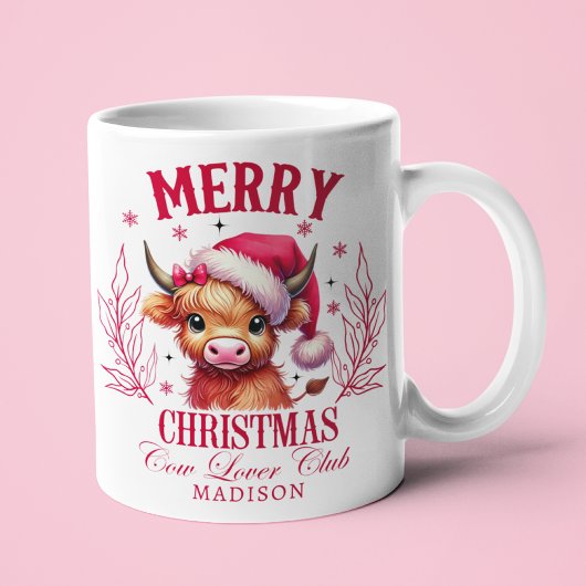 Mug Noël de la vache des Highlands Nom personnalisé