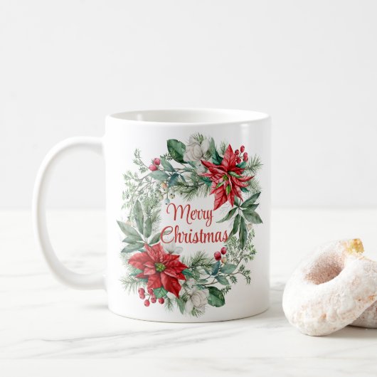 Mug Noël Floral Poinsettia Wreath Joyeux Noël (Avec donut)