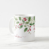 Mug Noël Holly Berry | Nom de script personnalisé (Devant gauche)