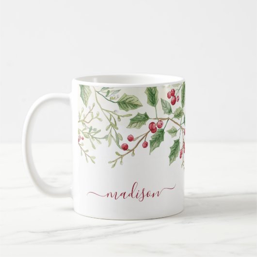 Mug Noël Holly Berry | Nom de script personnalisé (Gauche)