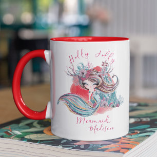 Mug Noël Mignonne Fille Sirène Nom personnalisé