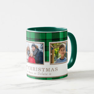 Mug Noël personnalisé Famille 3 Photo Plaid Vert