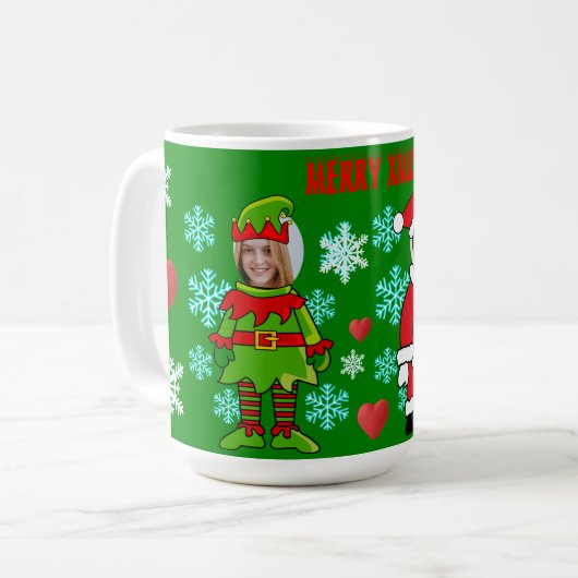 Mug Noël personnalisé. visage coupé Père Noël et Elf (Devant gauche)