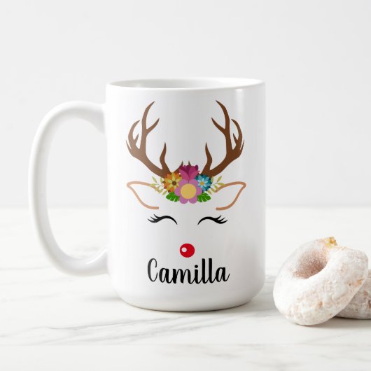 Mug Noël Reindeer nez rouge floral grenier (Avec donut)