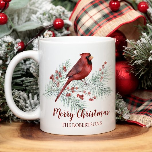 Mug Noël Rouge Cardinal Pin d'hiver Aquarelle