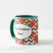 Mug Noël Rouge Poinsettia noir et blanc Chevron (Devant gauche)