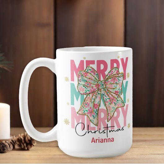 Mug Noël Ruban Rose Vert Turquoise Nom