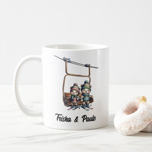 Mug Noël Russe Ski Lift Teddy Bear Art Red Green (Avec donut)