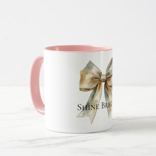 Mug Noel Rustique Blanc Vert Or Bow Personnalisé (Devant gauche)