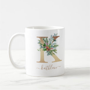 Mug Noel rustique Holly Red Berries Monogramme or K