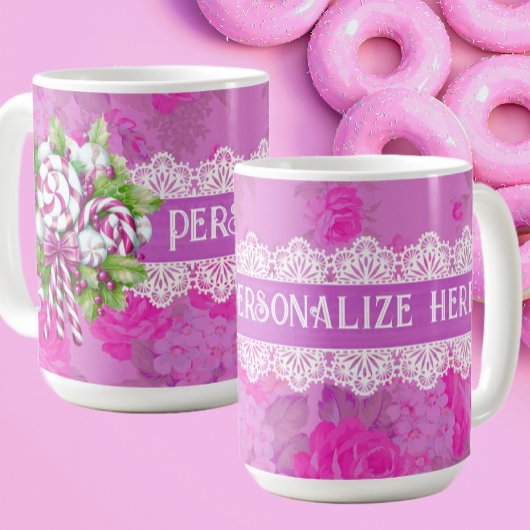 Mug Noël sucré rose et violet personnalisé
