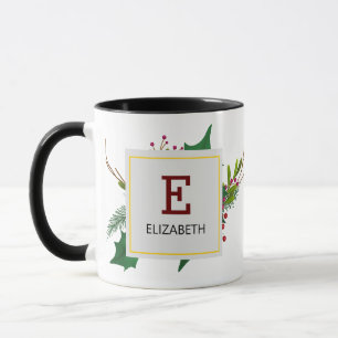 Mug Noël Vert Élégant Monogramme Rouge Noir