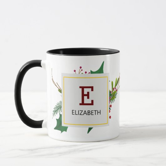 Mug Noël Vert Élégant Monogramme Rouge Noir (Gauche)